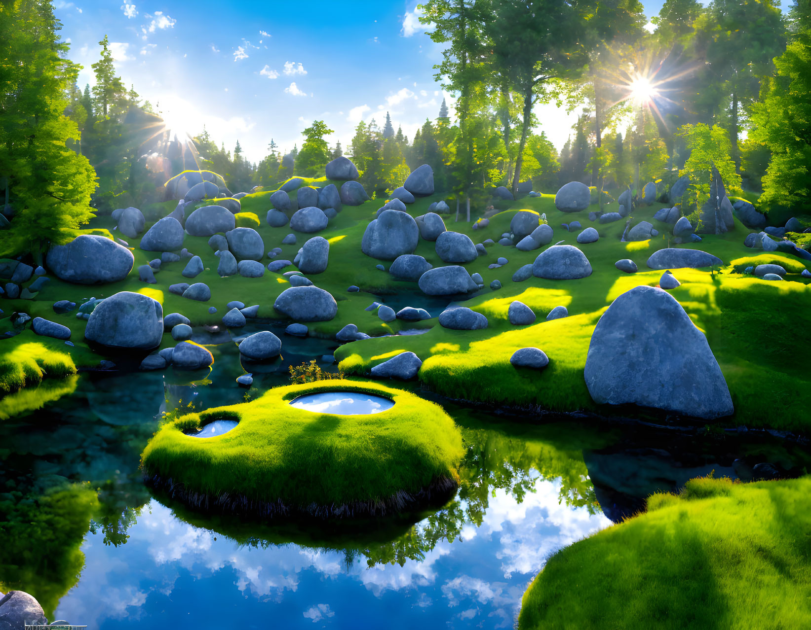 Sunlit forest with moss-covered rocks, calm river, and sunbeams