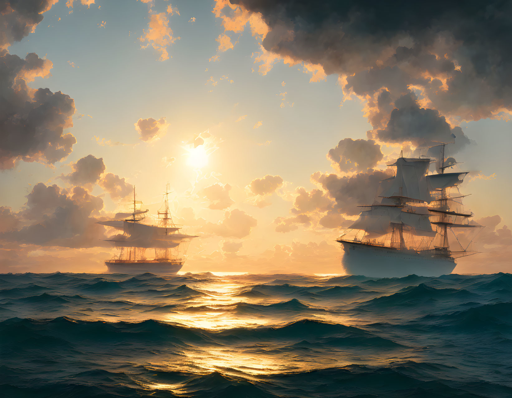 Tall ships sailing on the ocean at sunset with golden sunlight and dramatic clouds