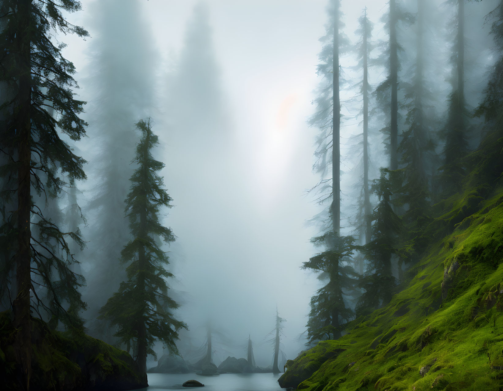 Mystical foggy forest with sunlight filtering through tall trees