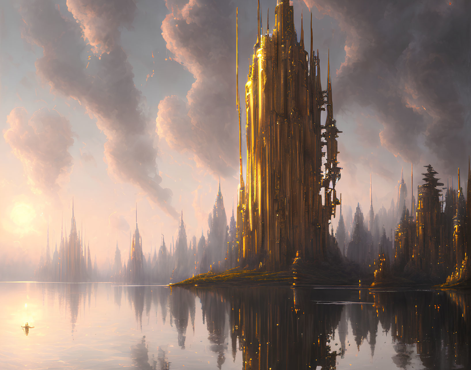 Golden-lit fantasy landscape with towering spires and calm waters