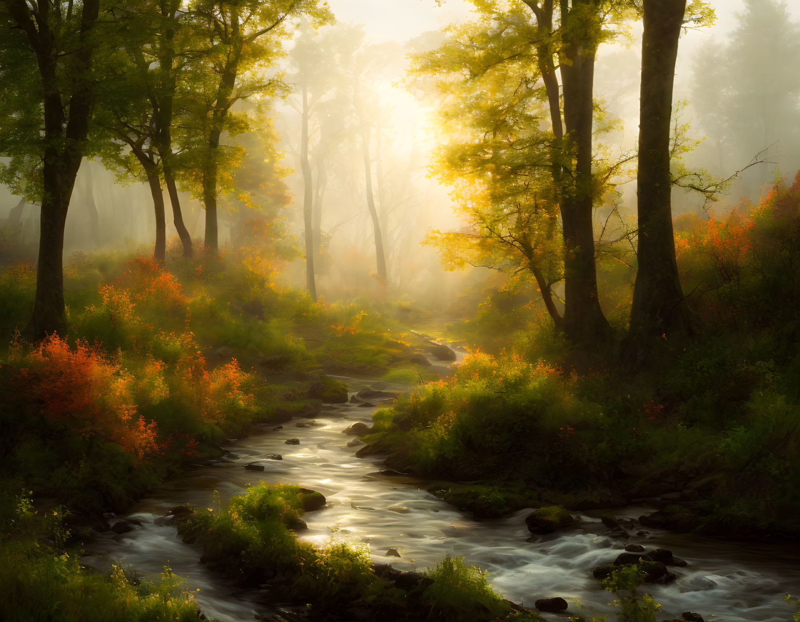 Tranquil stream in misty forest with warm sunlight and vibrant foliage