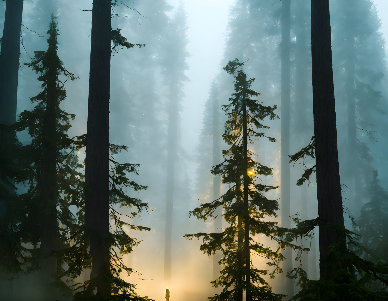 Sunbeams filtering through misty forest, creating serene atmosphere