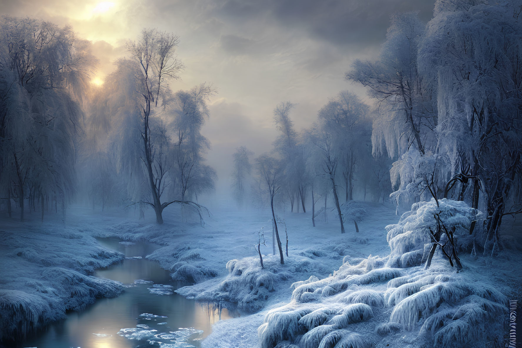 Snow-covered trees and gentle stream in serene winter landscape