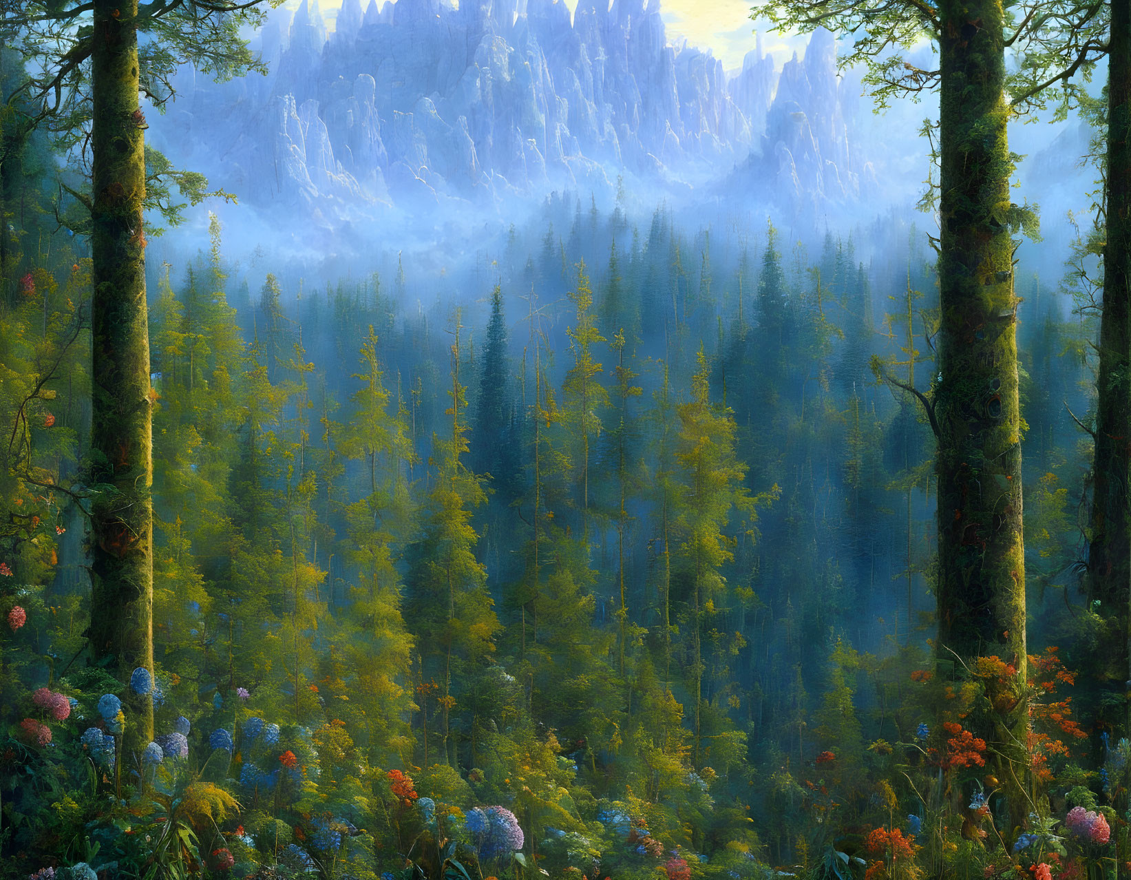 Tranquil forest scene with mist, greenery, flowers, and mountains