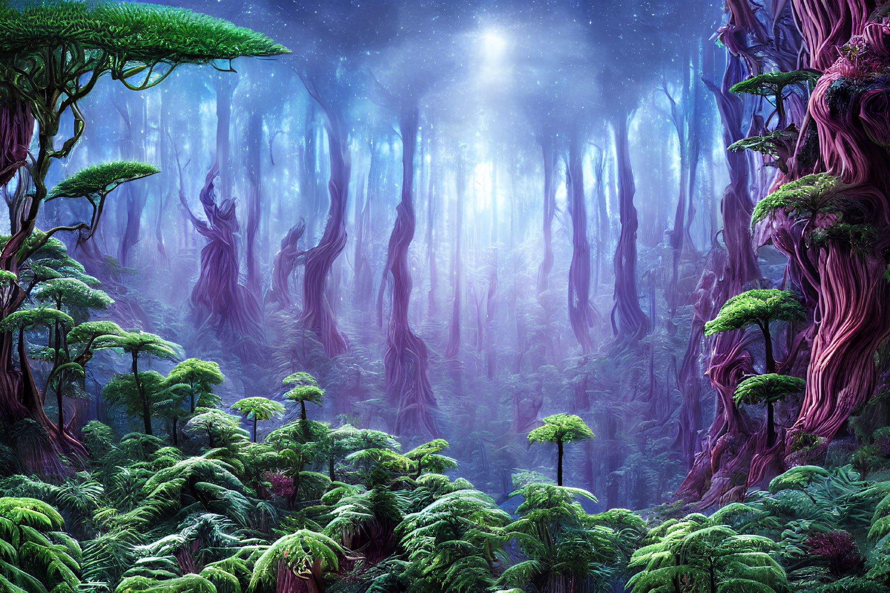 Mystical forest with twisted purple trees under starlit sky