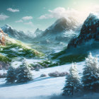 Snowy Landscape with Pine Trees, Melting Snow, and Majestic Mountains