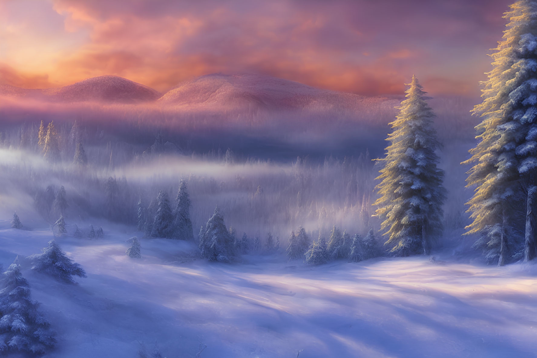 Snow-covered hills and forest in serene winter sunset scene