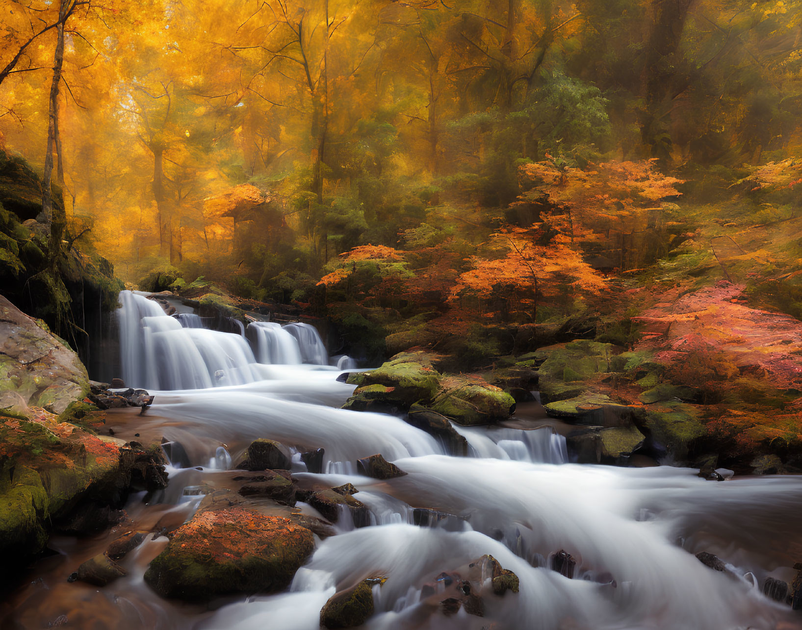 Tranquil autumn waterfall with vibrant foliage and misty atmosphere