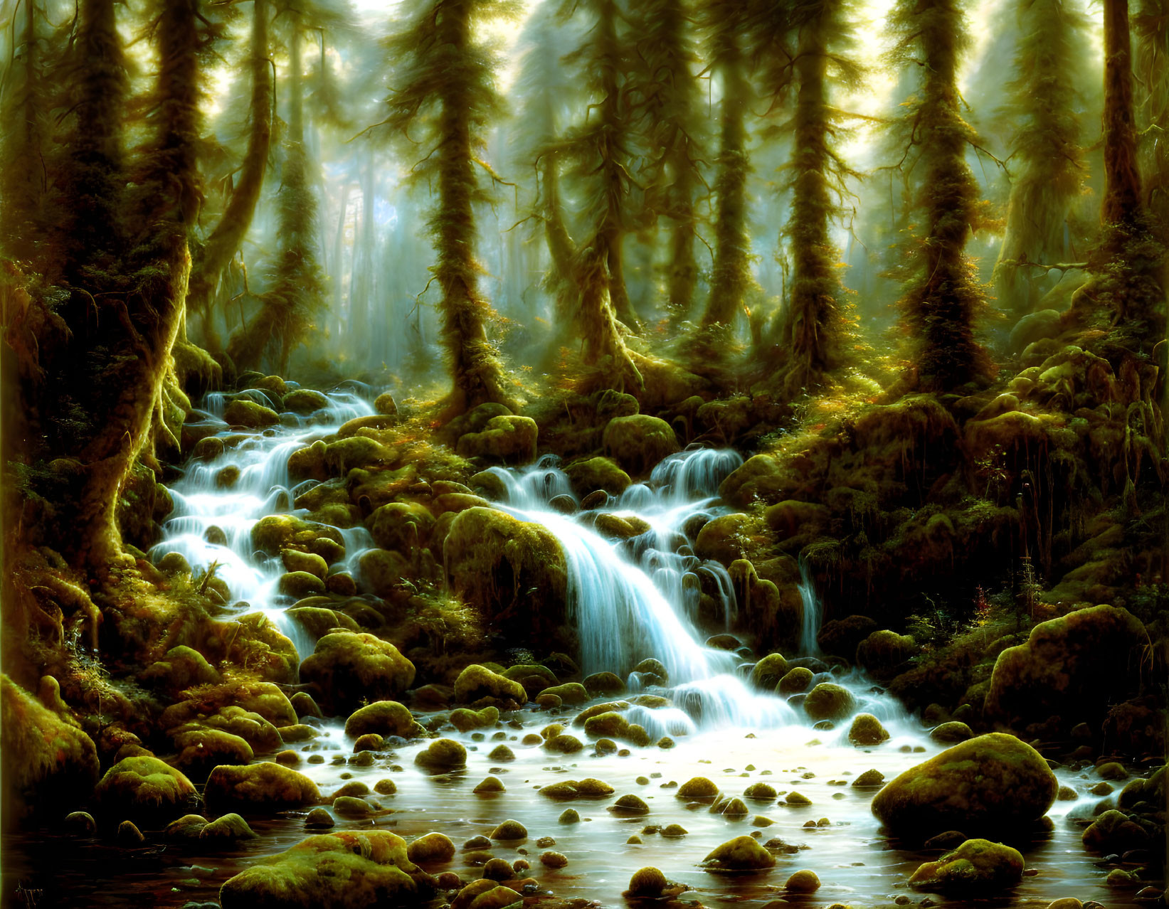 Enchanted forest scene with mist, waterfall, and stream