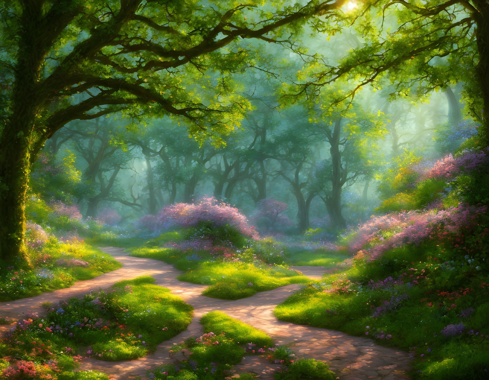 Scenic forest path with vibrant flowers and lush green canopy