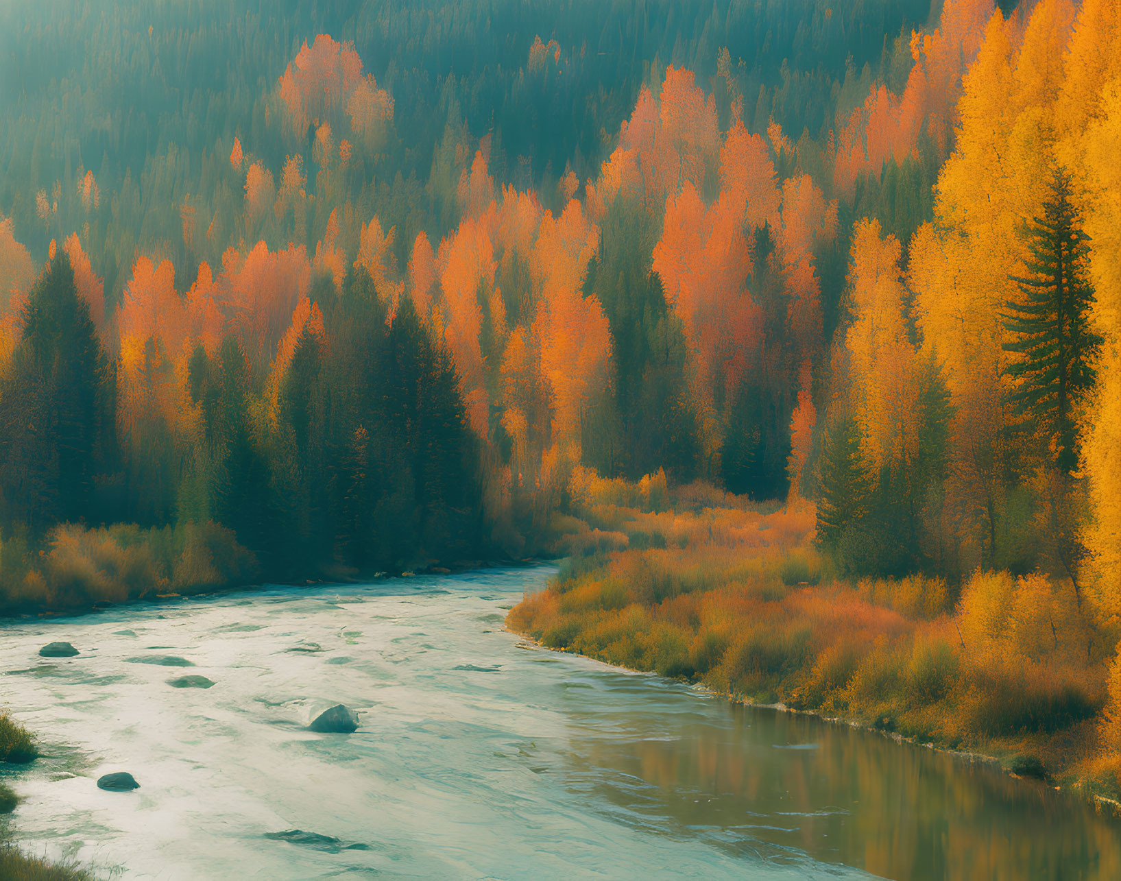 River flowing through autumn forest with orange and yellow foliage