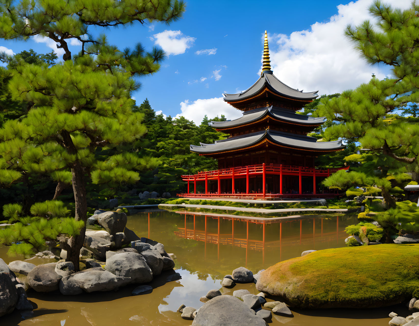 Serene Japanese Garden with Multi-Tiered Pagoda and Pond