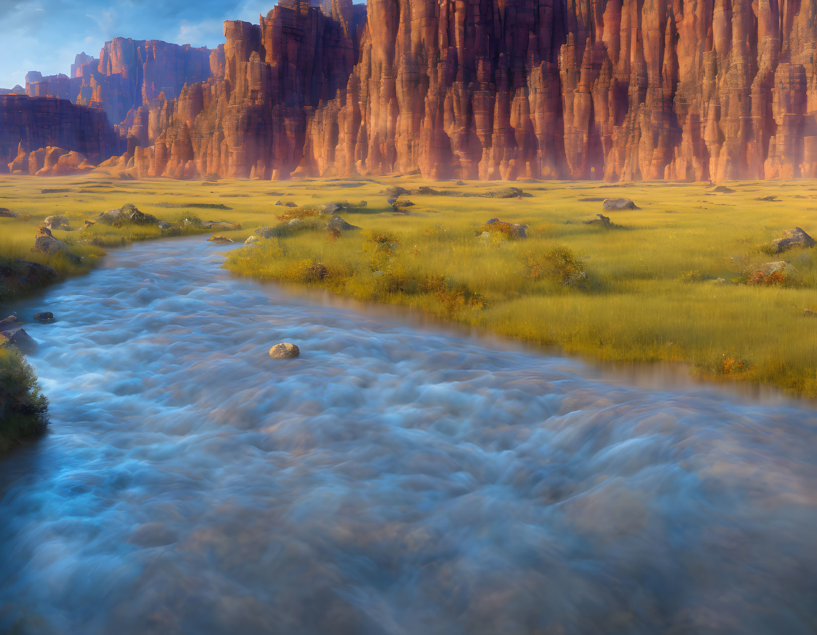 Tranquil river in grassy plain with red rock cliffs under sunlight