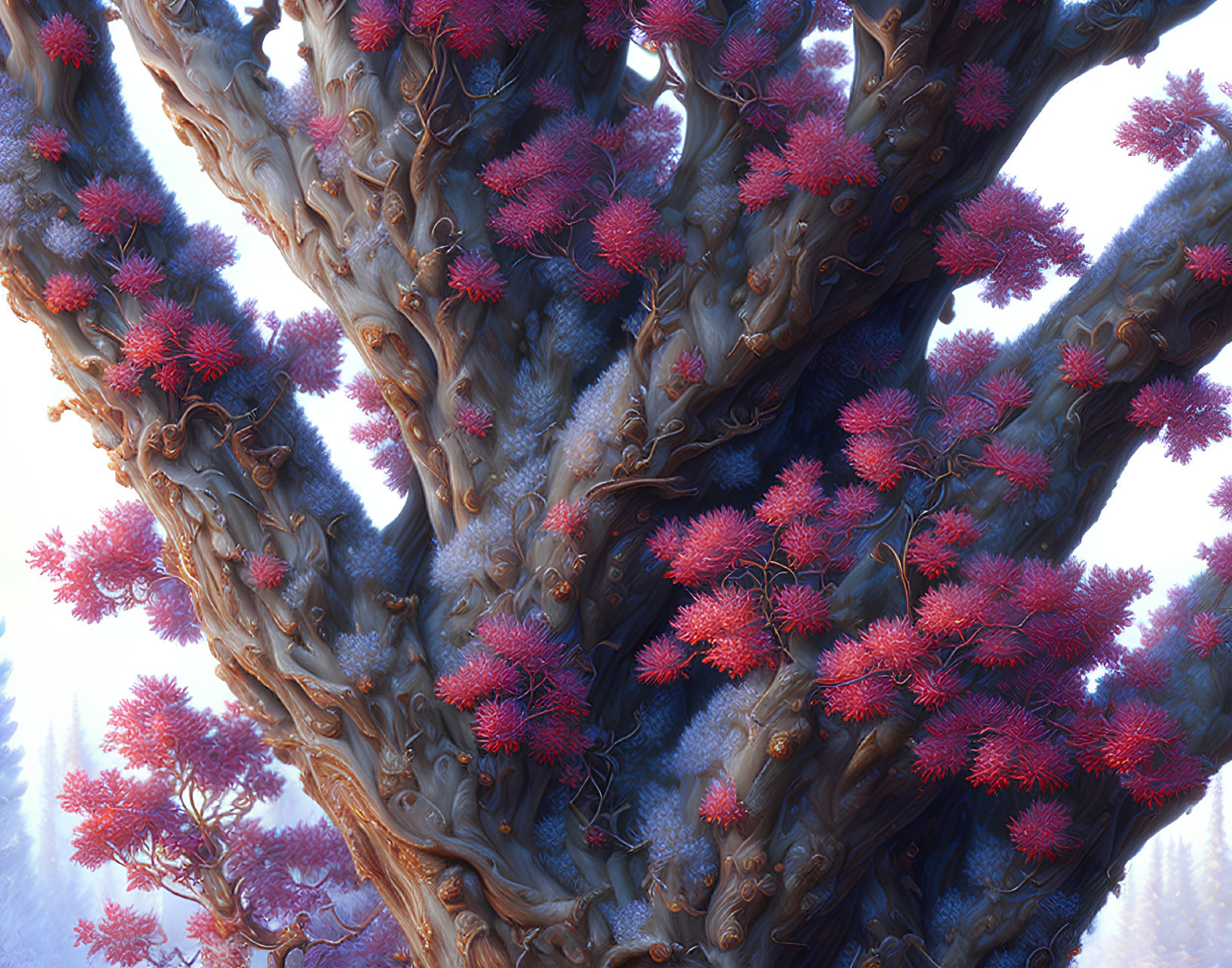 Fantastical brown branches with red coral-like growths in misty woodland