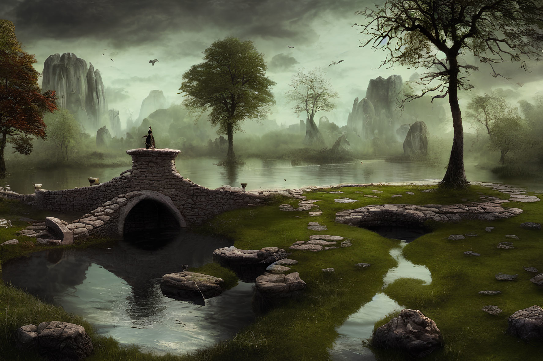 Mystical landscape with stone bridge, pond, cliffs, tree, and figure