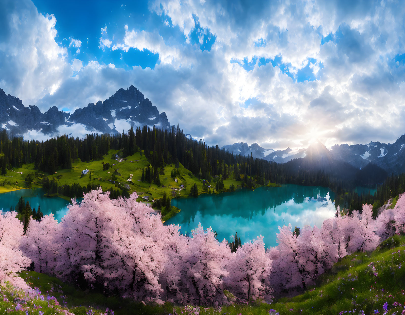 Tranquil landscape with turquoise lake, pink cherry blossoms, and majestic mountains