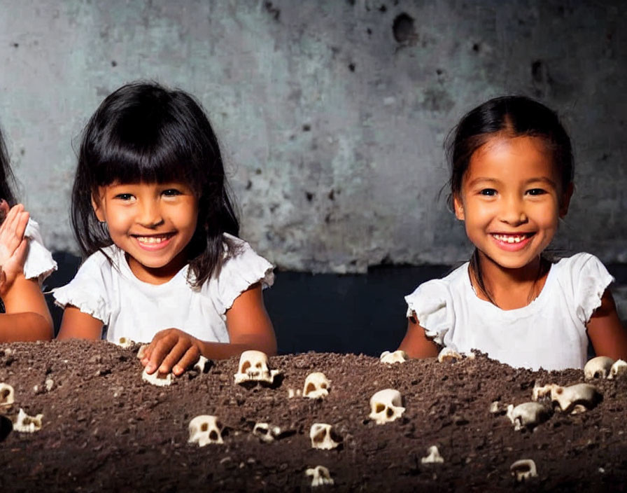 Two smiling girls with miniature skull decorations on brown surface against gray backdrop