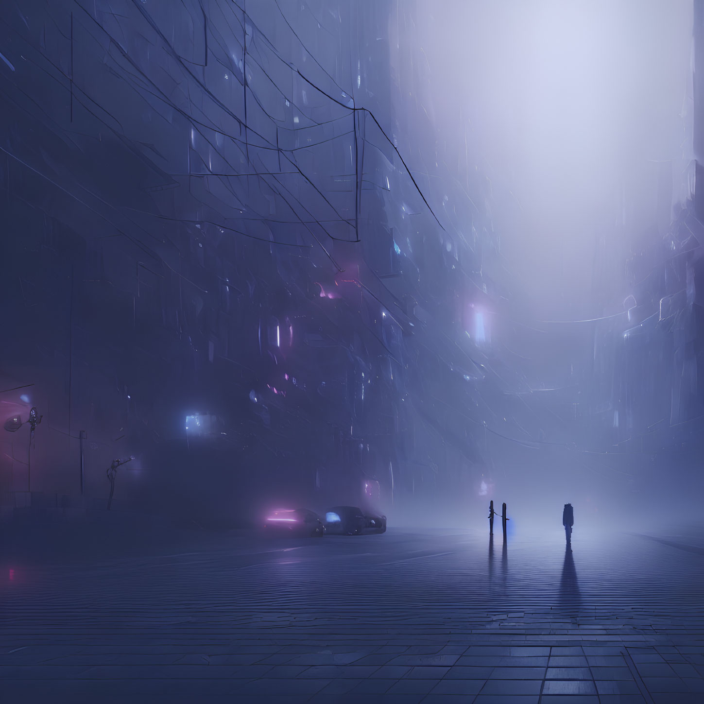 Ethereal night cityscape with fog, glowing lights, silhouettes, and wet street.