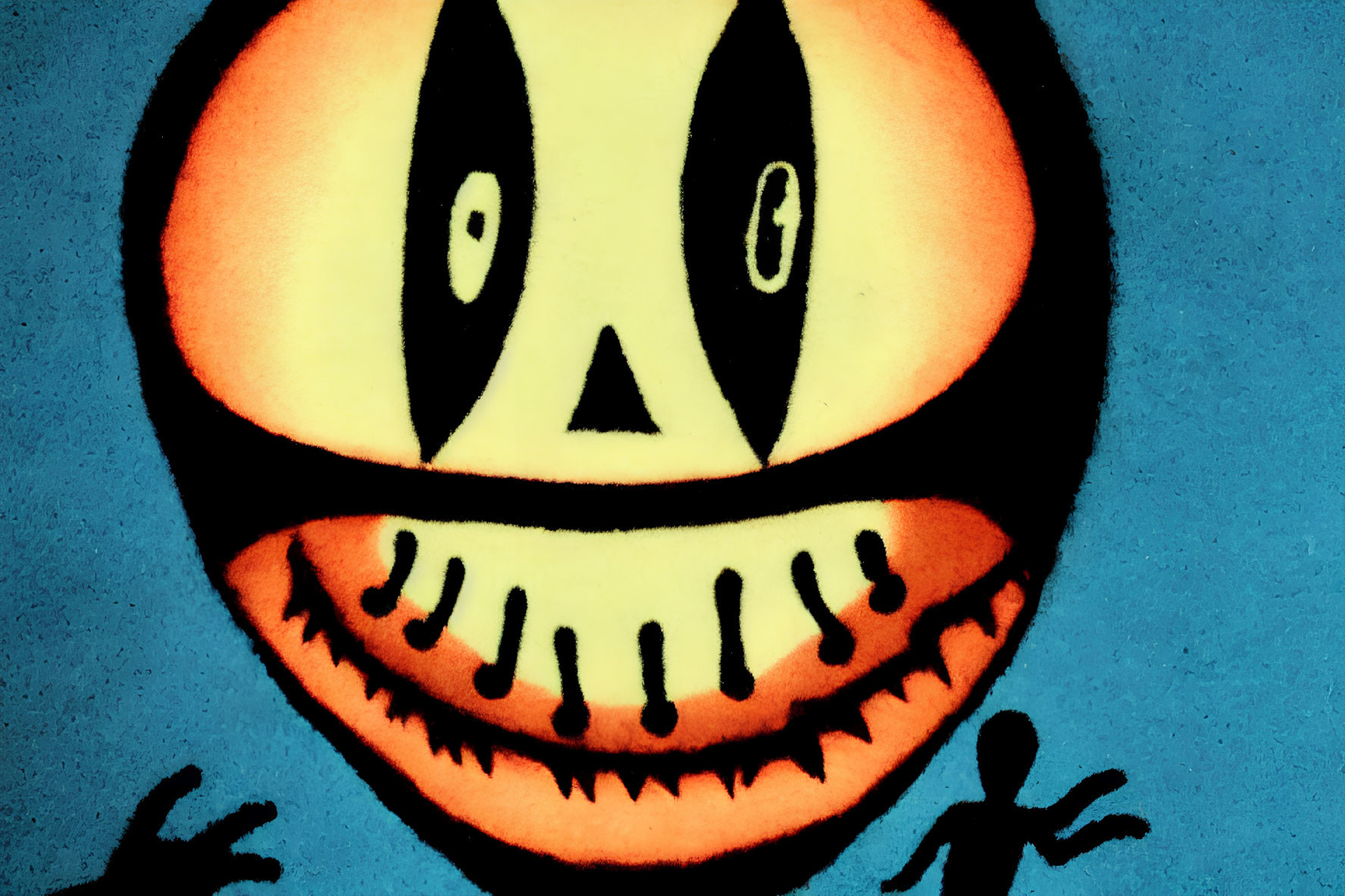 Stylized illustration of eerie face with large eyes and stitched smile