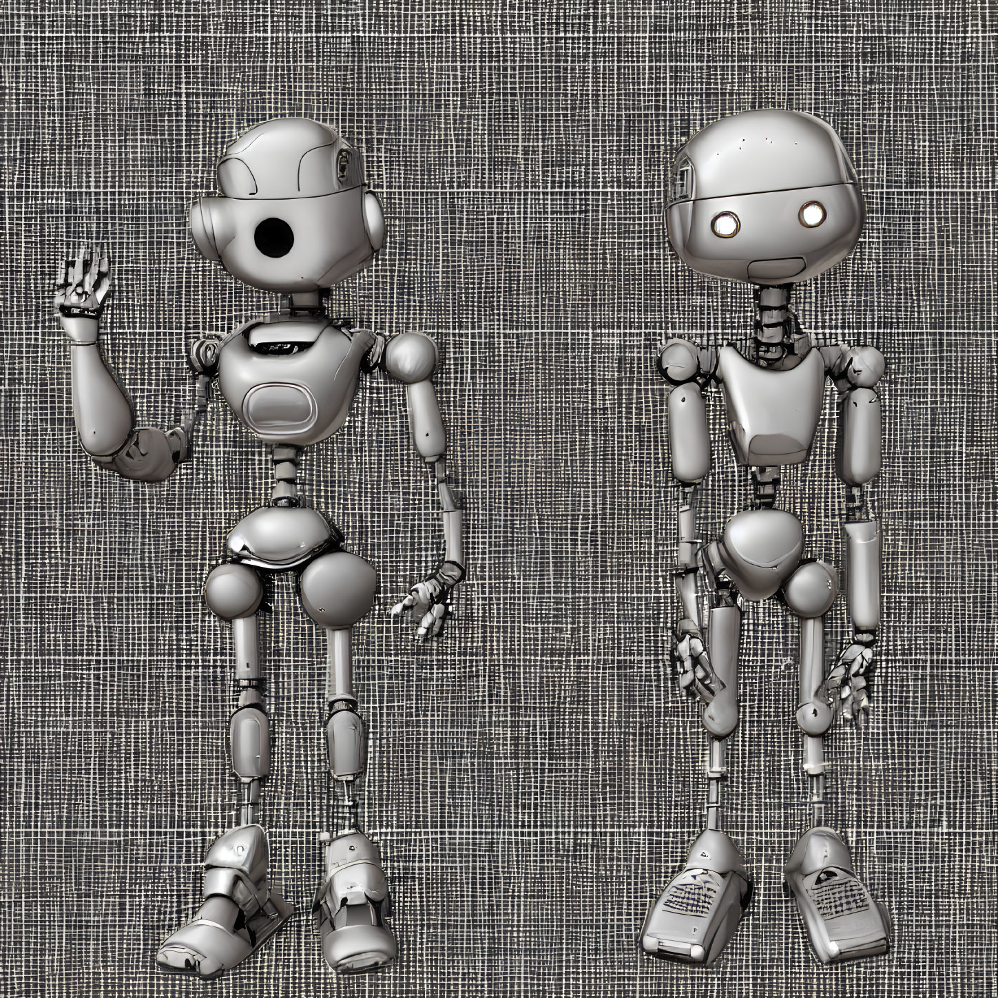 Metallic humanoid robots waving against textured background