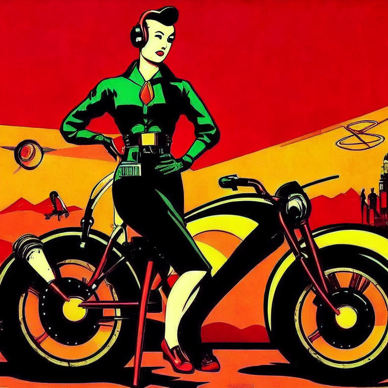 Stylized illustration of confident woman with headphones by futuristic motorcycle in retro-futuristic cityscape.