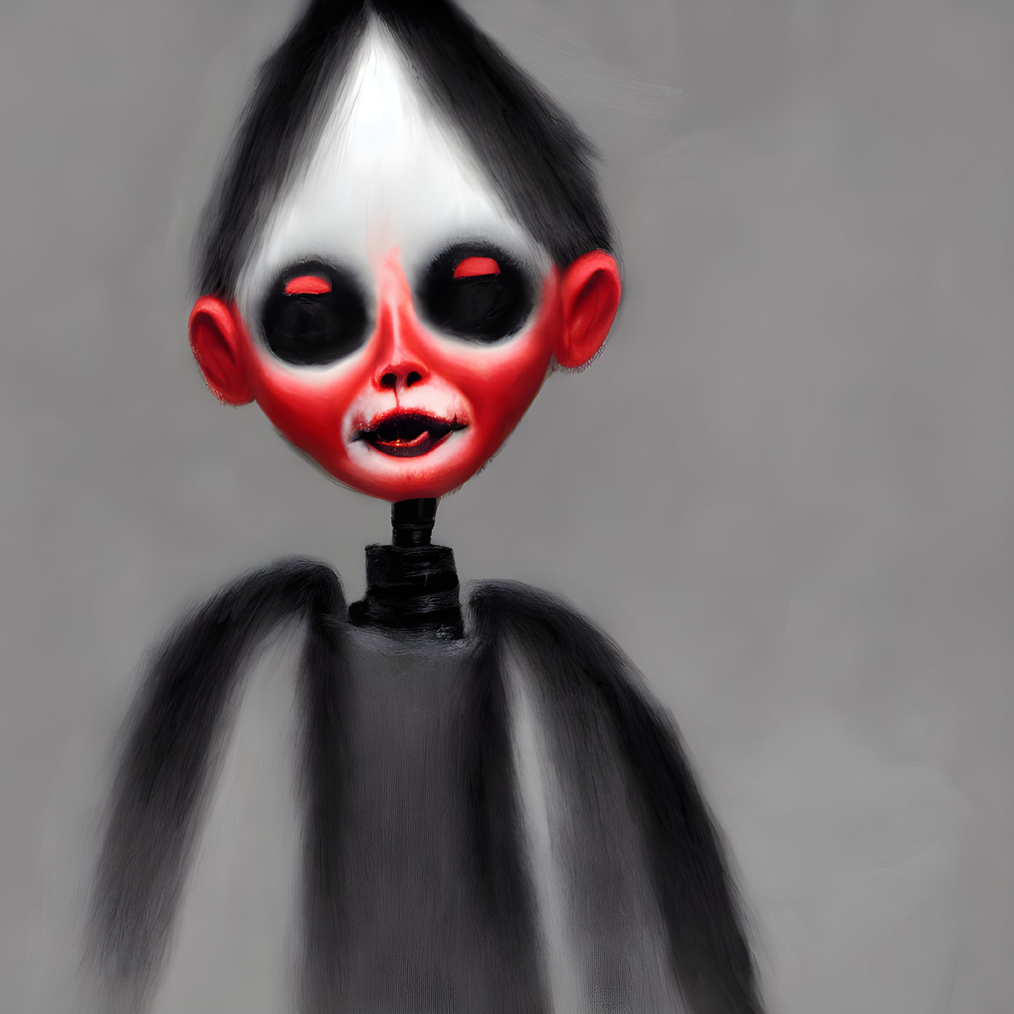 Stylized character with oversized head and dark eye sockets