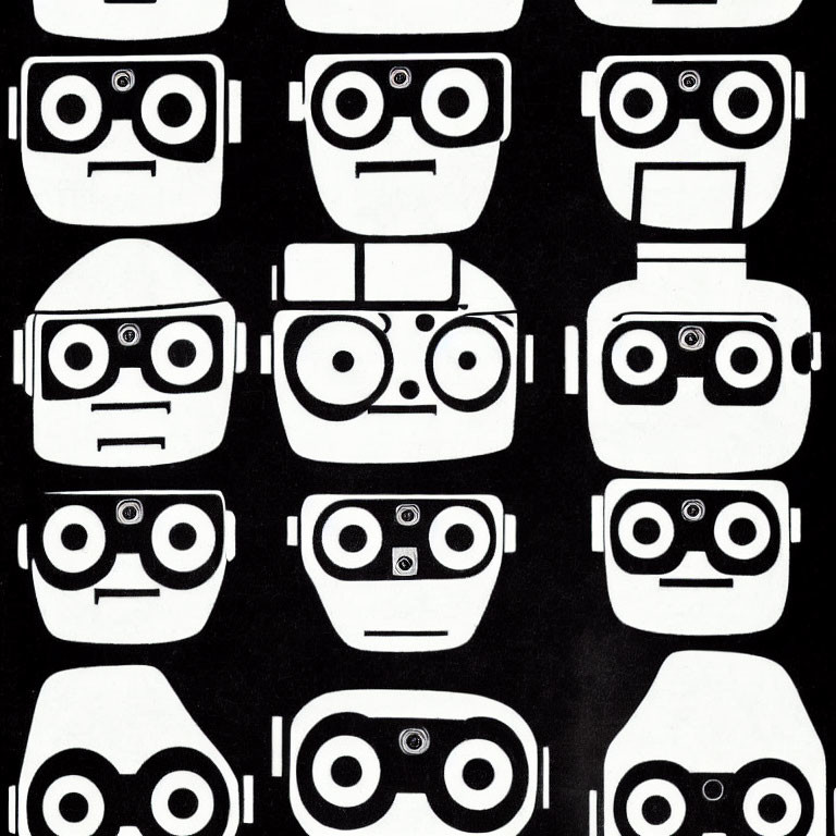 Stylized Black and White Robot Heads with Various Expressions and Eye Designs