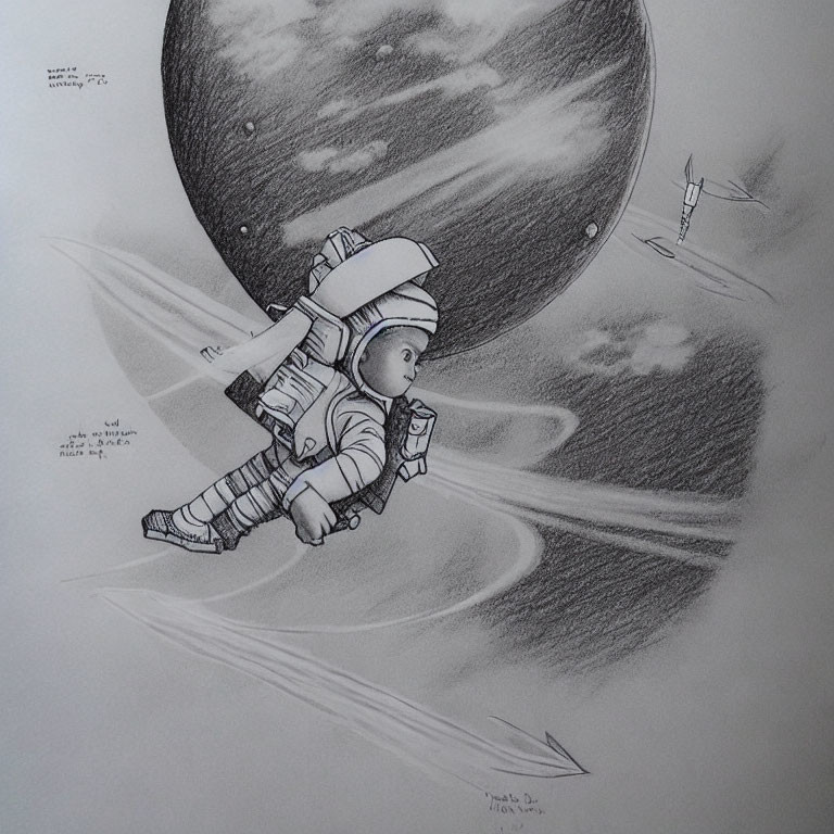 Baby in spacesuit sketch with planets and rocket in space