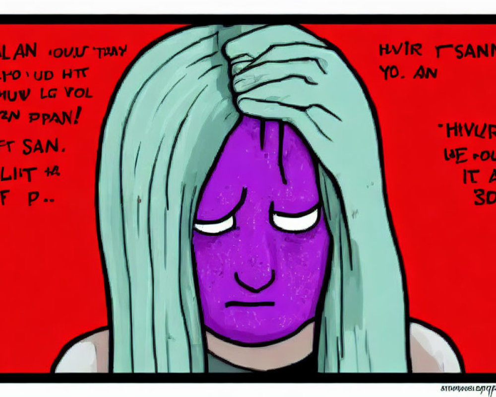 Illustration of purple-faced character with mint green hair, displaying frustration amidst illegible text.