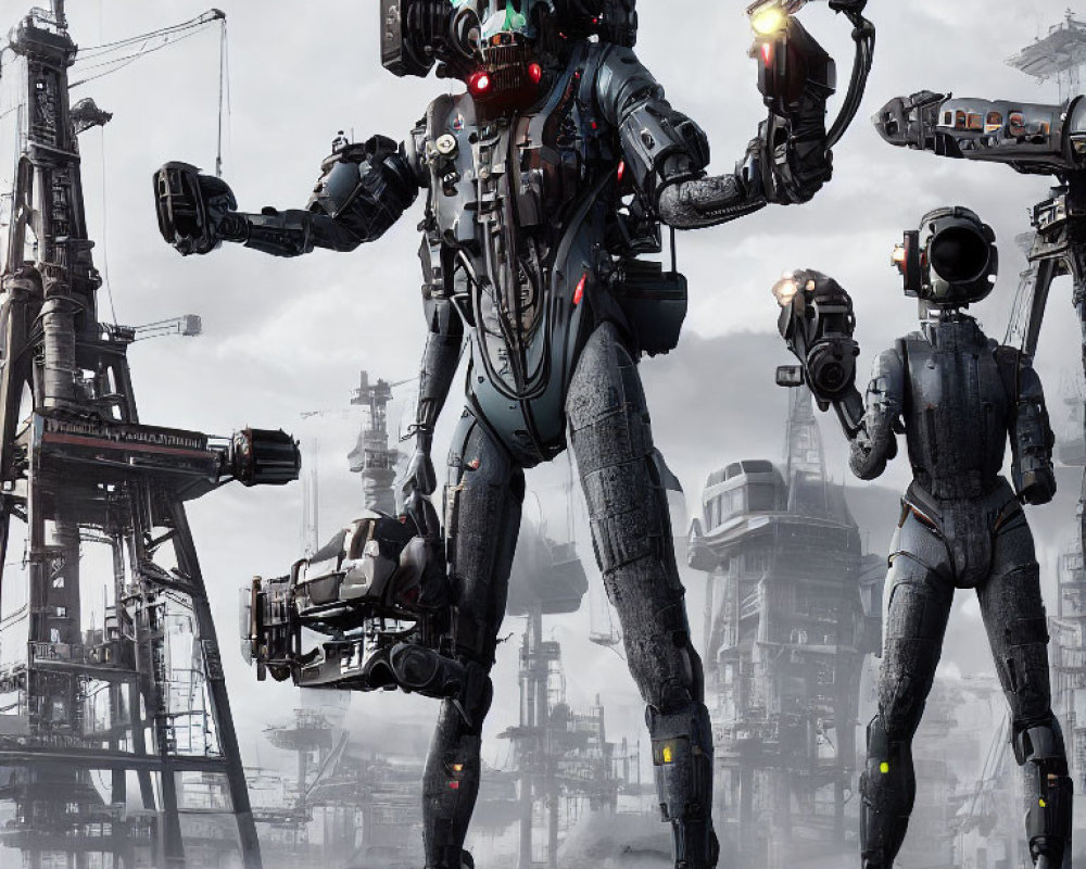 Three humanoid robots with mechanical enhancements in an industrial setting