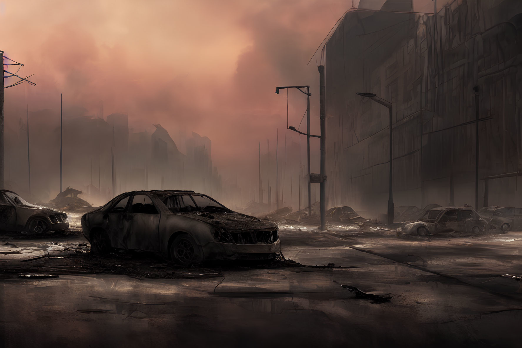 Desolate urban street at twilight with abandoned cars and eerie, post-apocalyptic vibe