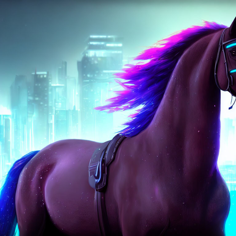 Surreal horse with purple mane and glasses in futuristic cityscape