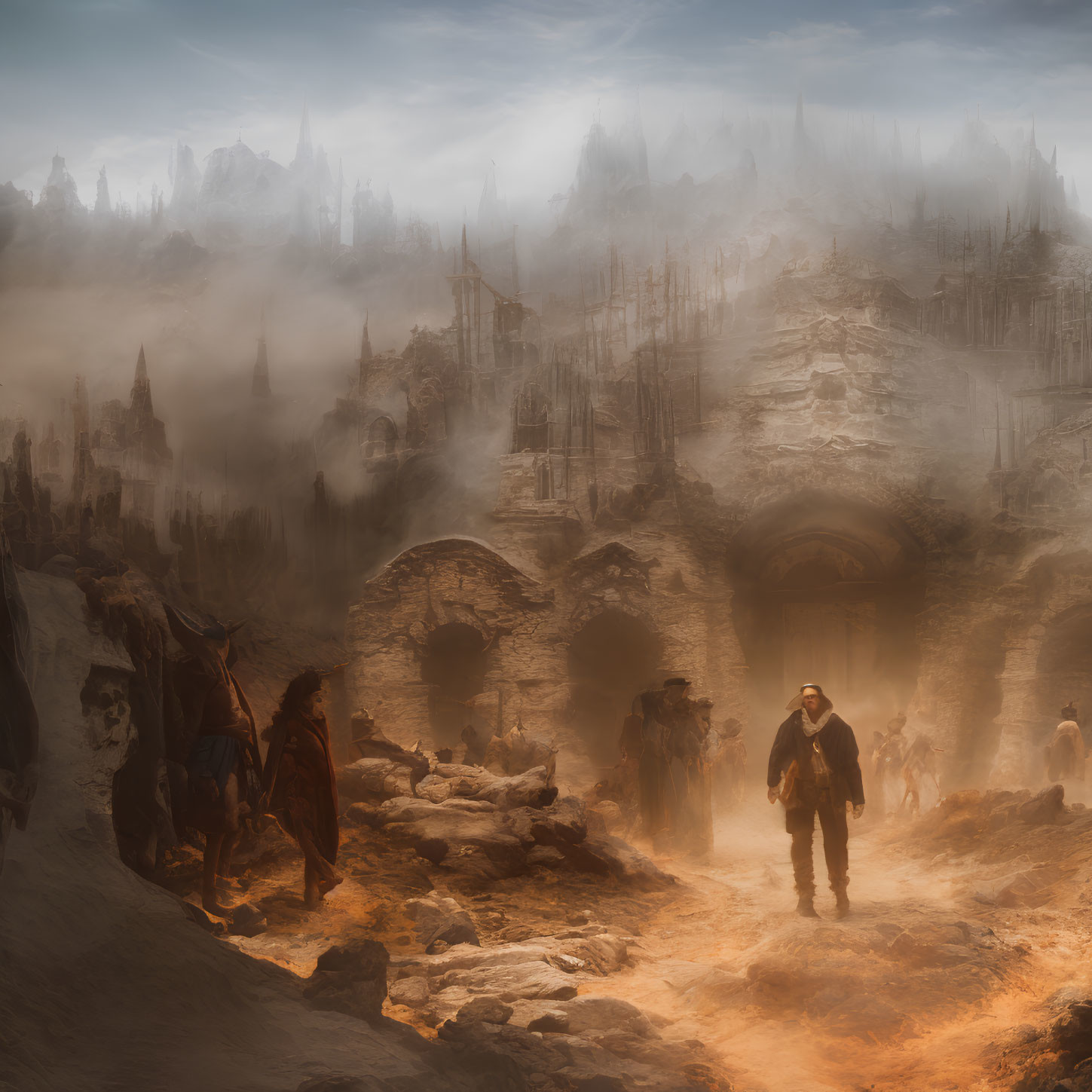 Dystopian landscape with ruins, fog, figures in cloaks, man walking away from archway