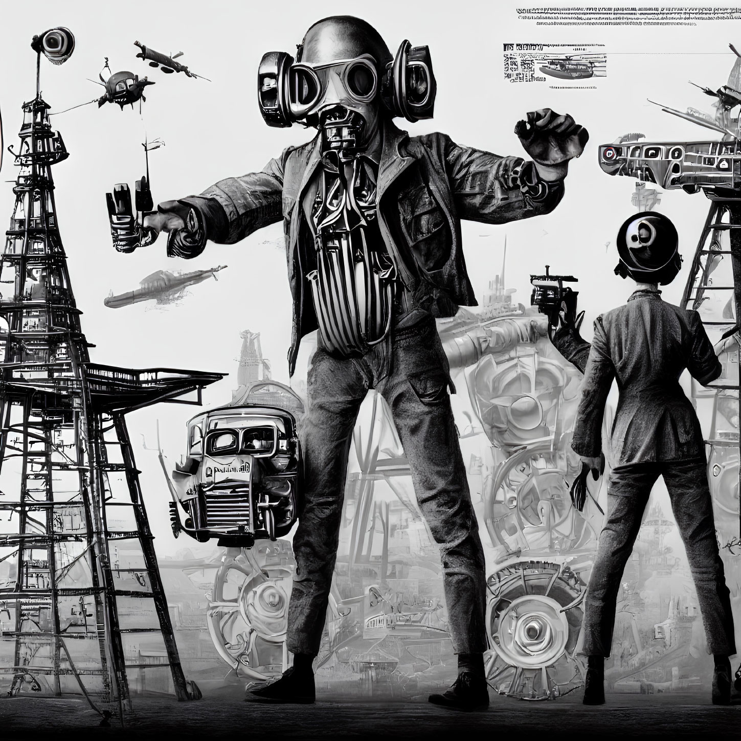 Futuristic figures in mechanical gear against industrial backdrop