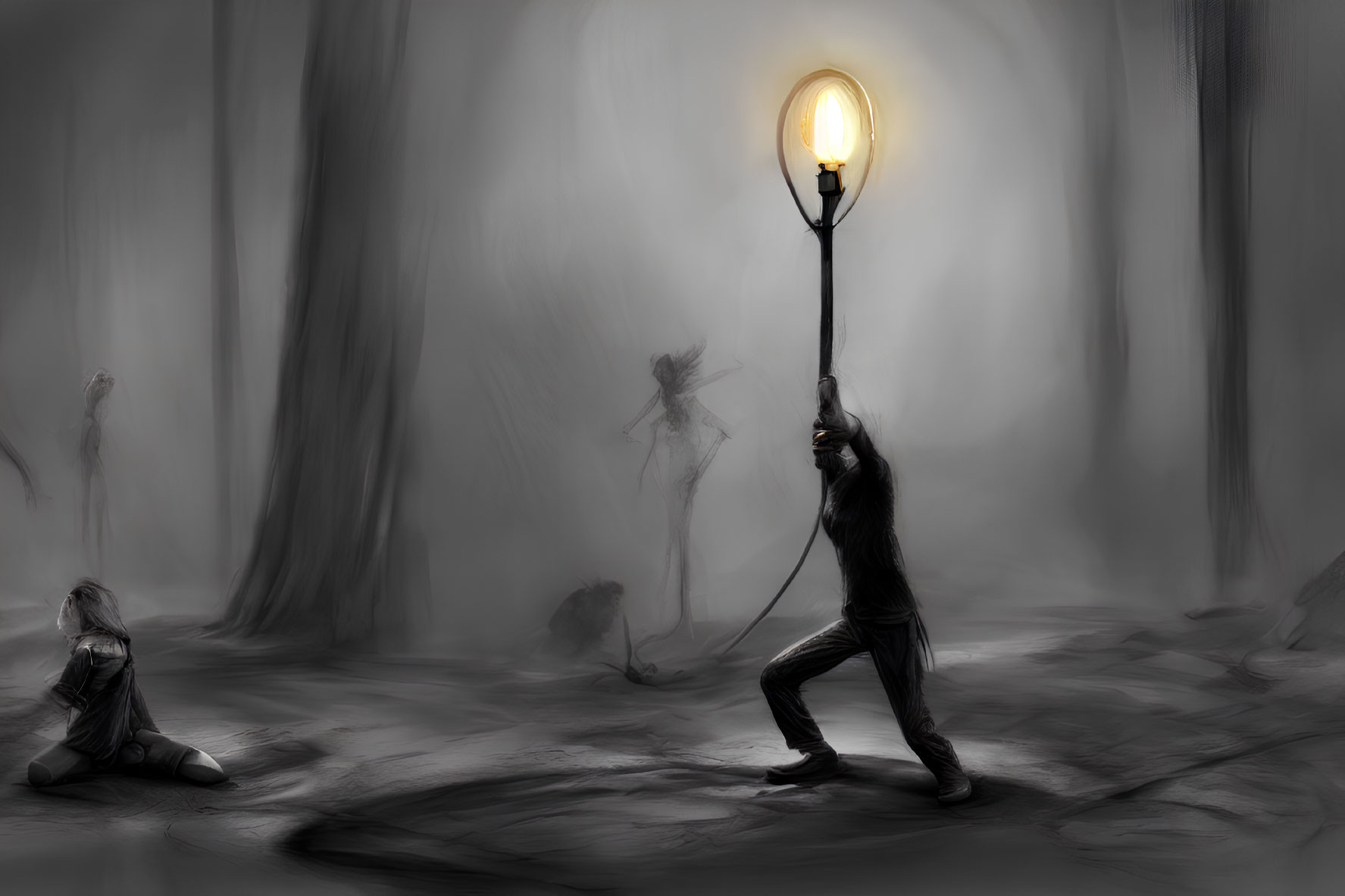 Figure with lantern in misty forest with shadowy figures - mysterious ambiance