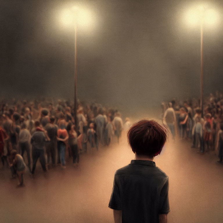 Brown-Haired Child Faces Mysterious Crowd at Dusk