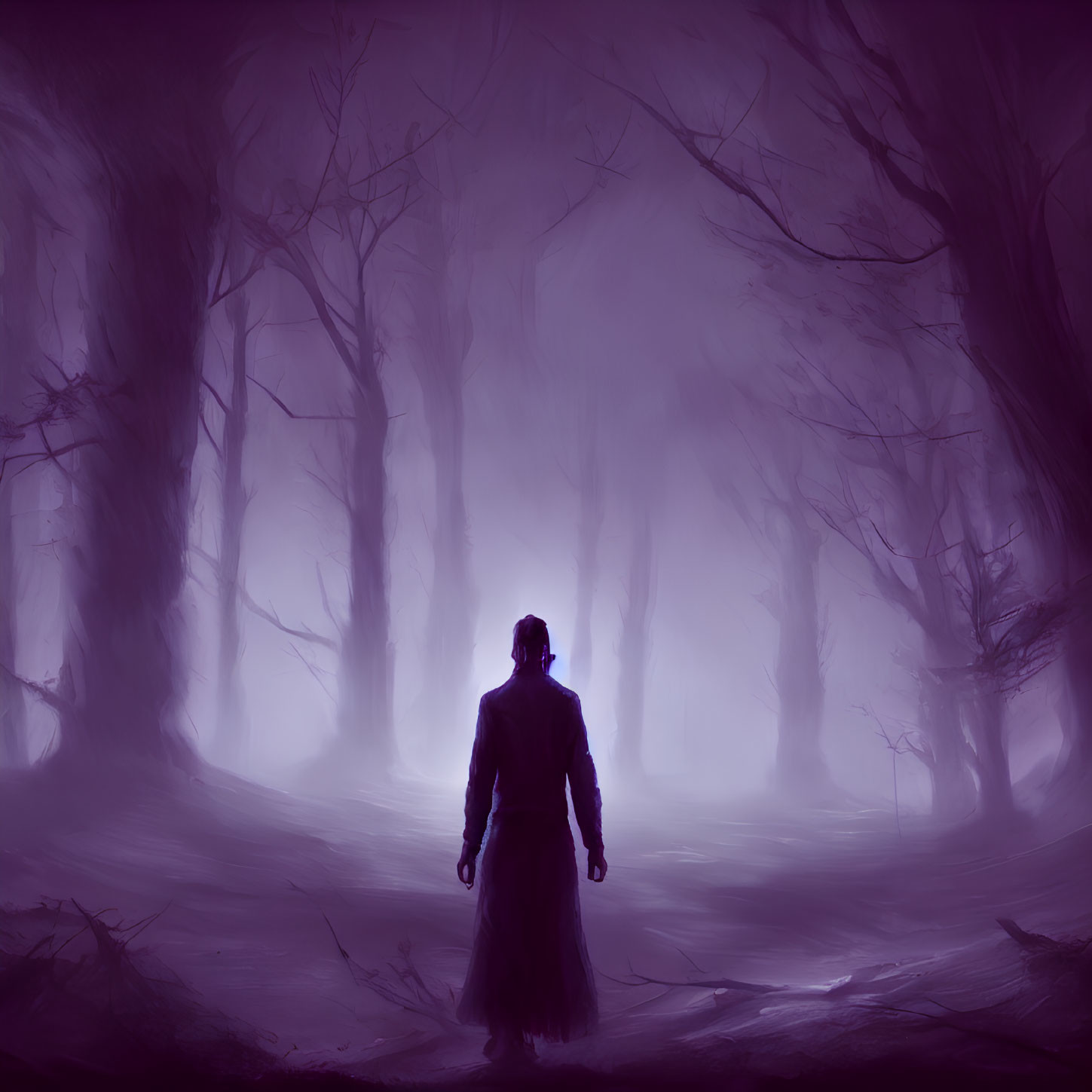 Misty purple forest with solitary figure and bare trees