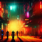 Neon-lit urban street at night with silhouetted figures