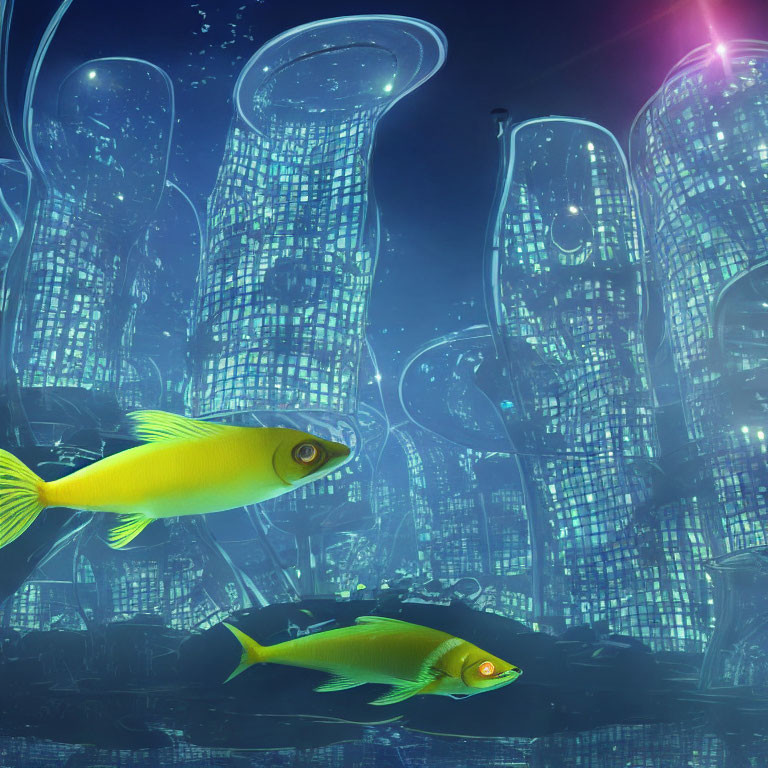 Vibrant yellow fish in front of futuristic underwater city with jellyfish-shaped buildings.