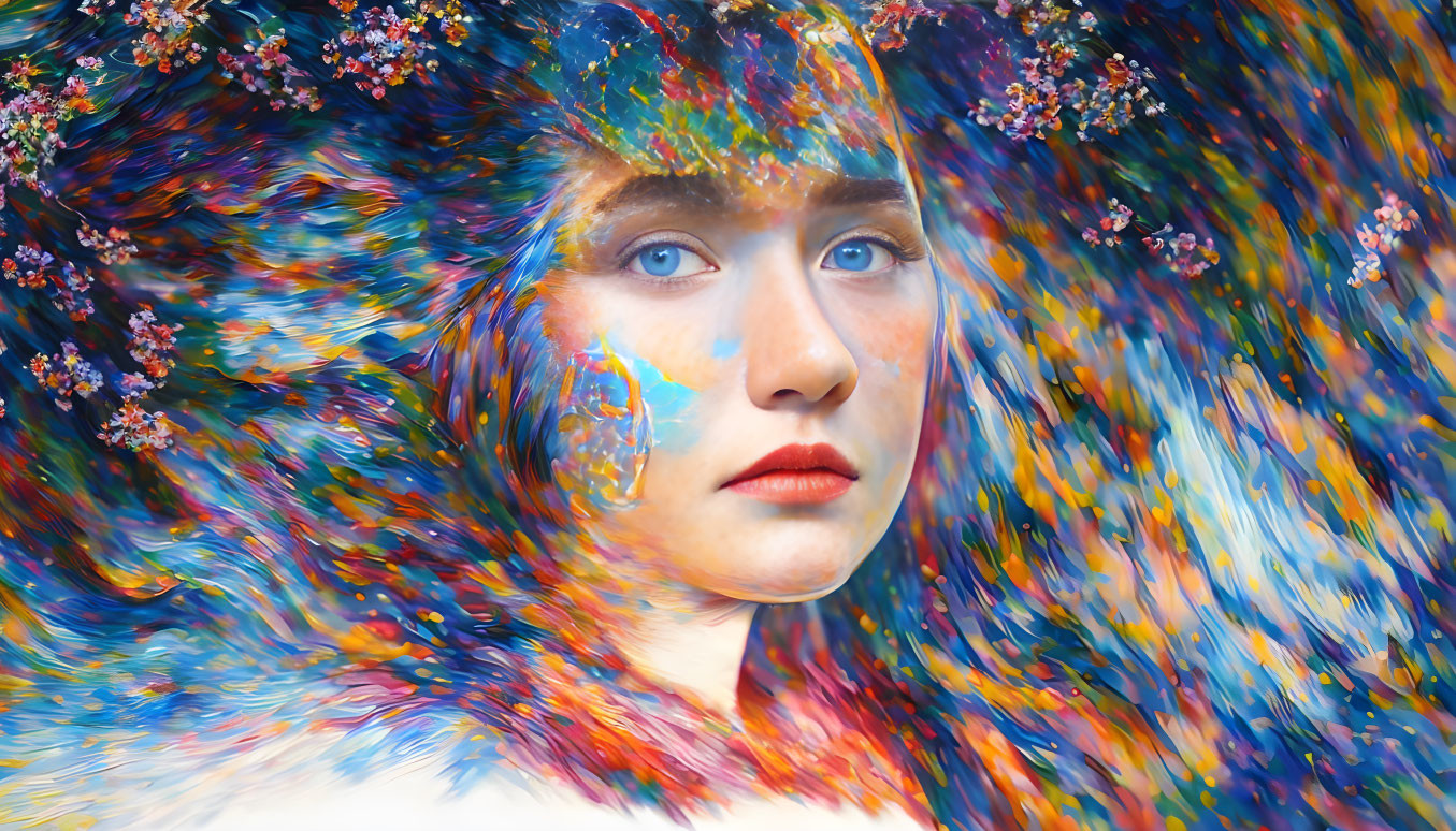 Colorful portrait with floral elements creating ethereal effect