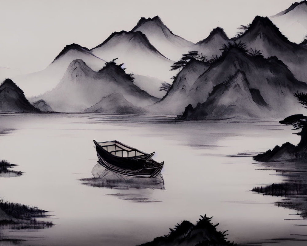 Tranquil monochrome ink painting of boat on calm waters surrounded by misty mountains