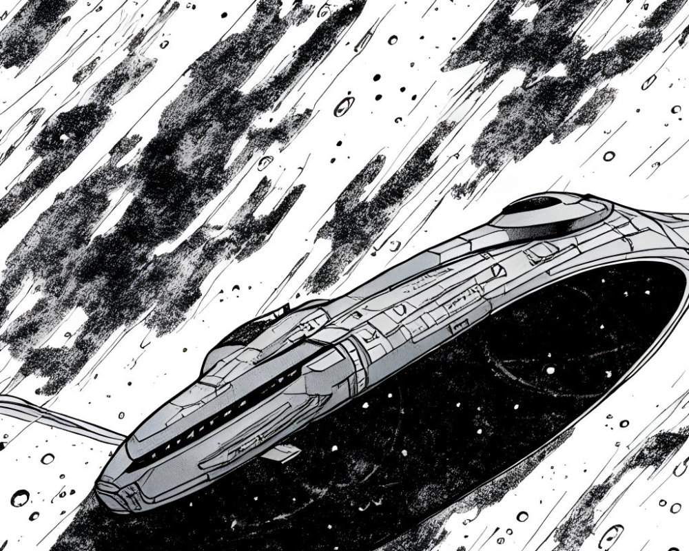 Monochrome futuristic spaceship flying through asteroid field