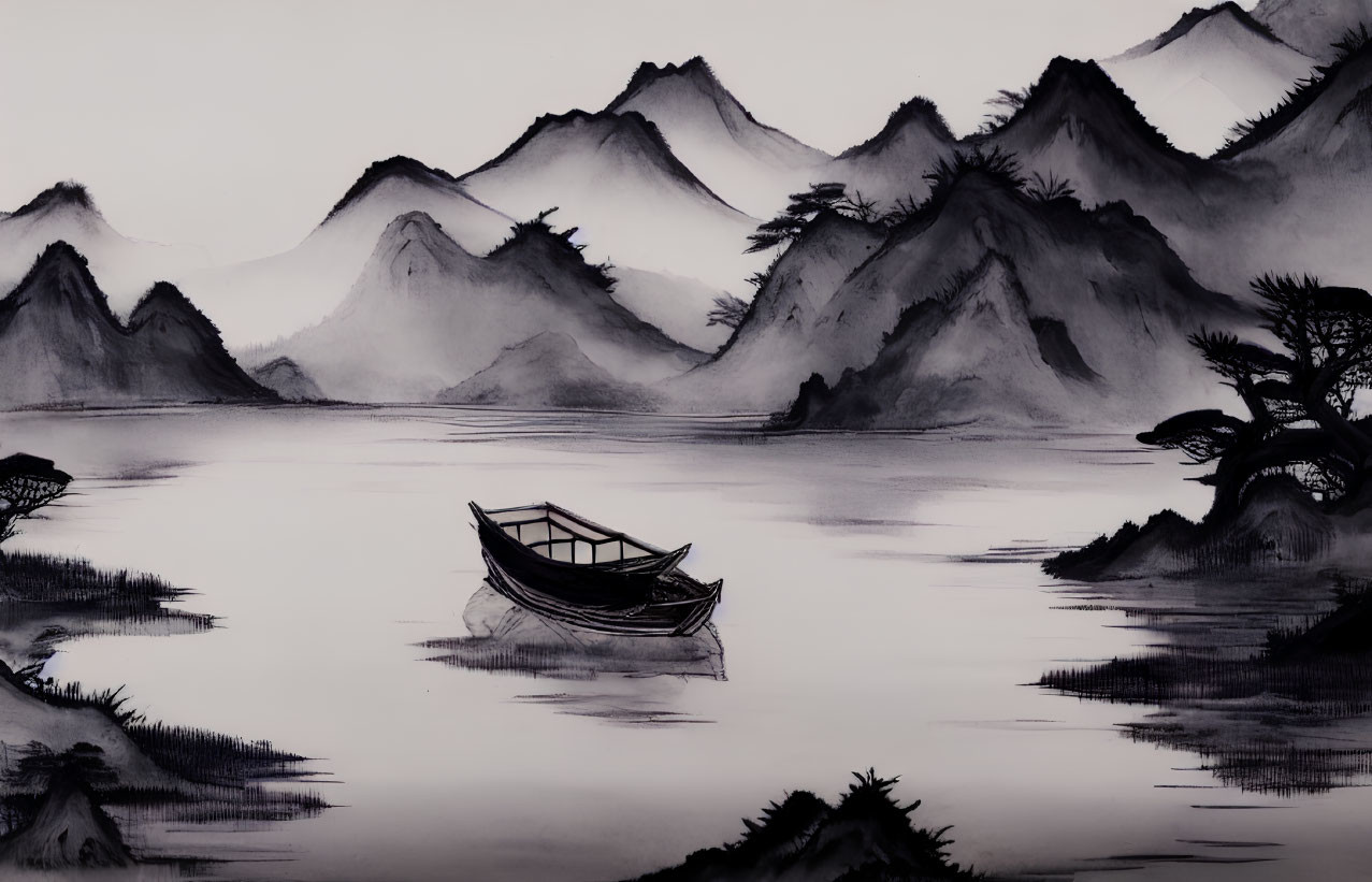 Tranquil monochrome ink painting of boat on calm waters surrounded by misty mountains