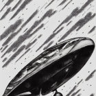 Monochrome futuristic spaceship flying through asteroid field