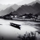 Tranquil monochrome ink painting of boat on calm waters surrounded by misty mountains