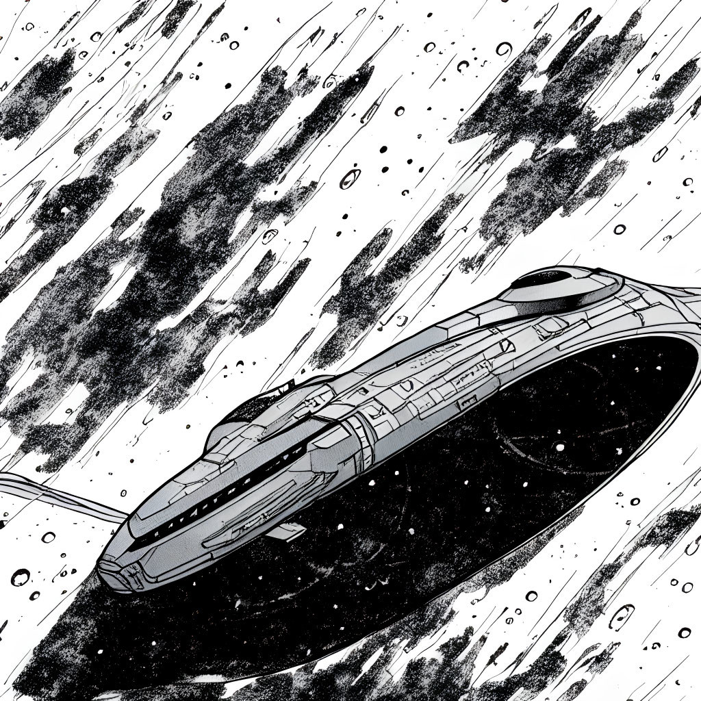 Monochrome futuristic spaceship flying through asteroid field