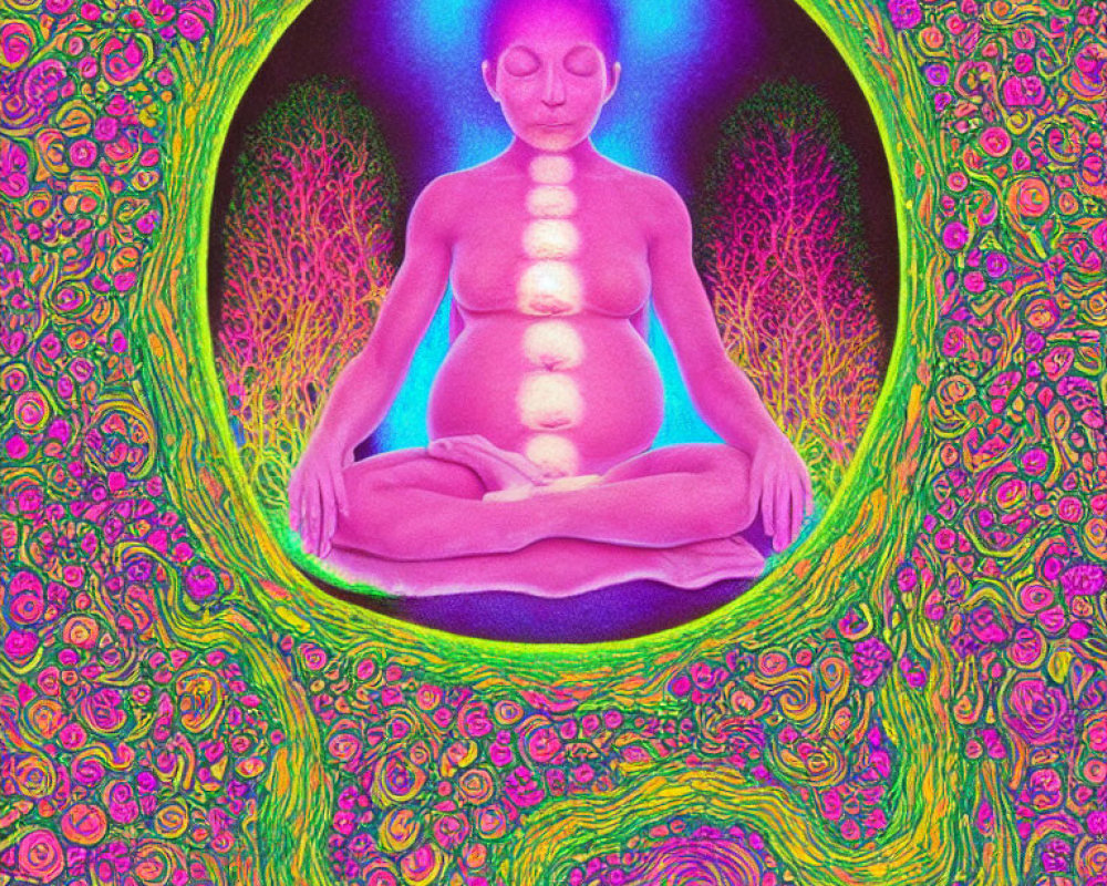 Neon-colored meditating figure with aligned chakras in intricate backdrop