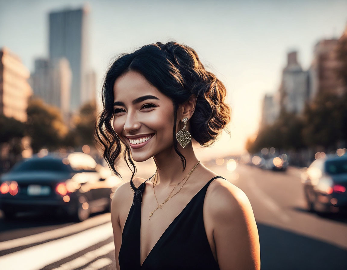 Curly-Haired Woman with Large Earrings on City Street at Sunset