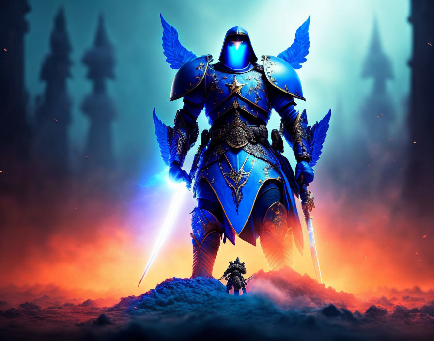 Blue Armored Knight with Glowing Sword on Fiery Terrain