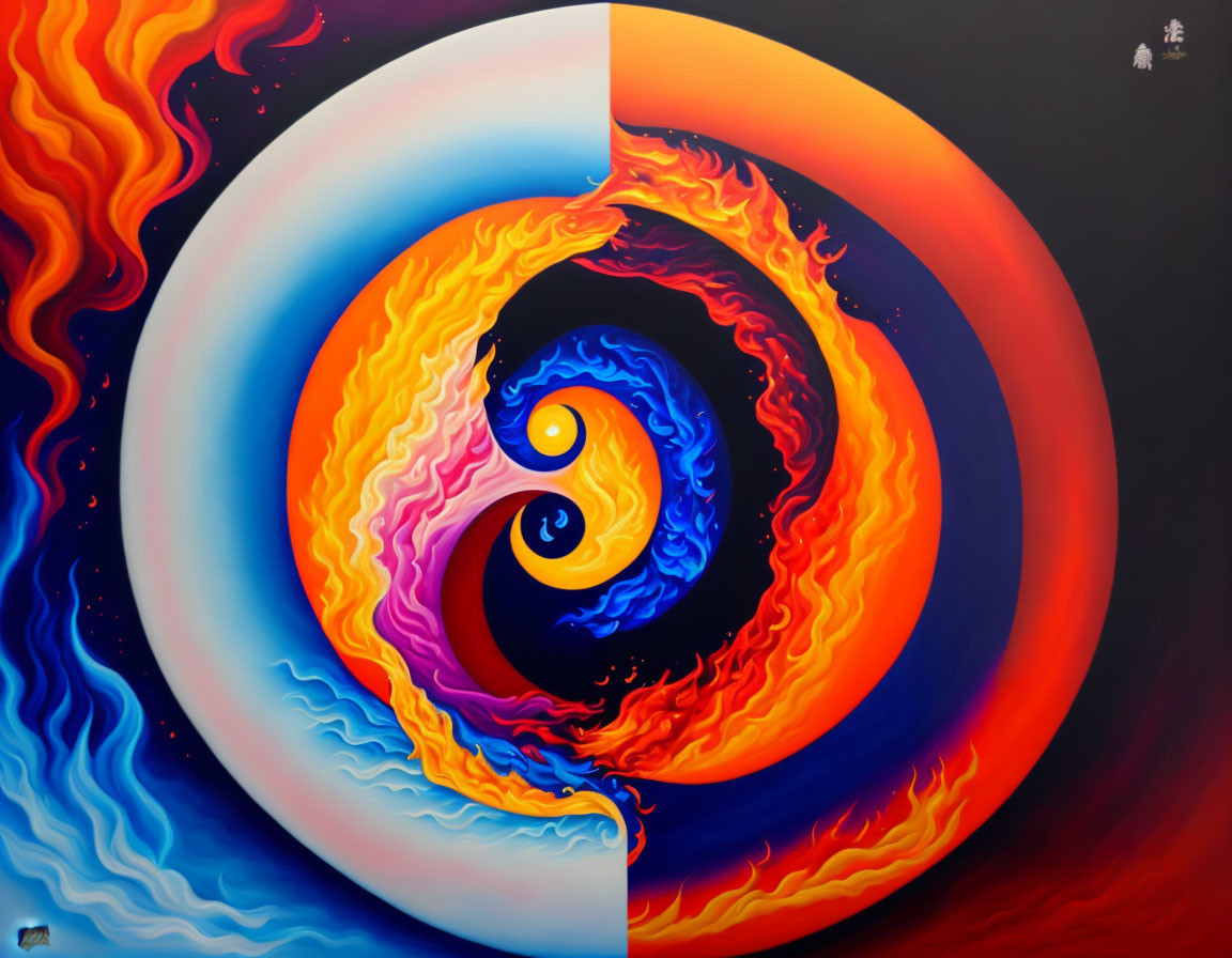 Vibrant flames and cool waves in abstract yin-yang symbol